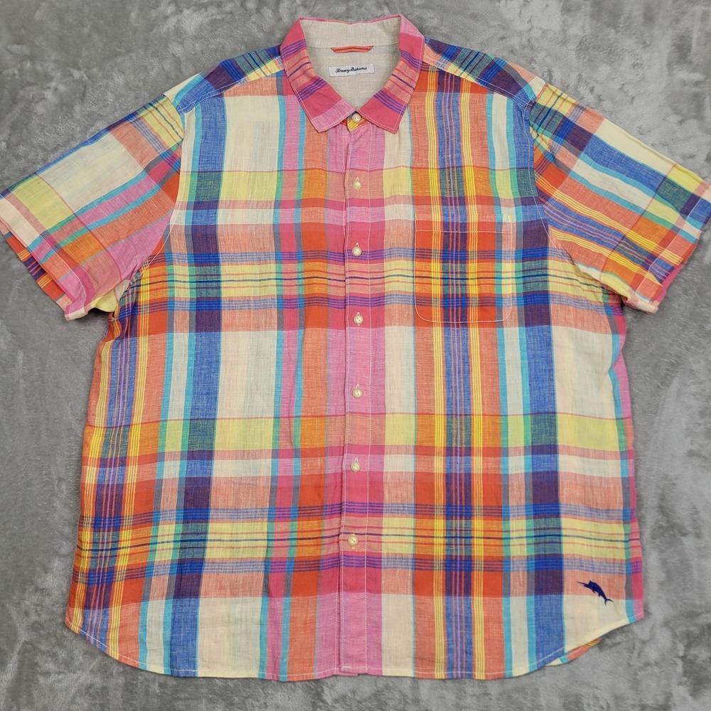 Tommy Bahama 100% Linen Men's 2XL Colorful Plaid Button Up Short Sleeve Shirt